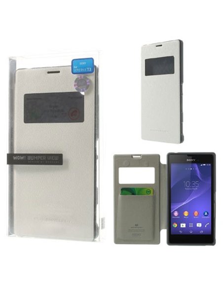 CUSTODIA FLIP ORIZZONTALE per SONY XPERIA T3 D5102, D5103, D5106 CON FINESTRA ID ED INTERNO IN TPU COLORE BIANCO WOW! MERCURY BL