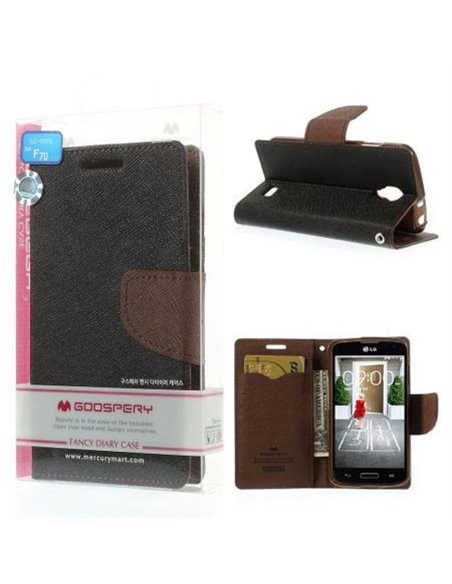 CUSTODIA FLIP ORIZZONTALE per LG F70 D315 CON INTERNO IN TPU, STAND E PORTA CARTE NERO E MARRONE FANCY DIARY BLISTER MERCURY