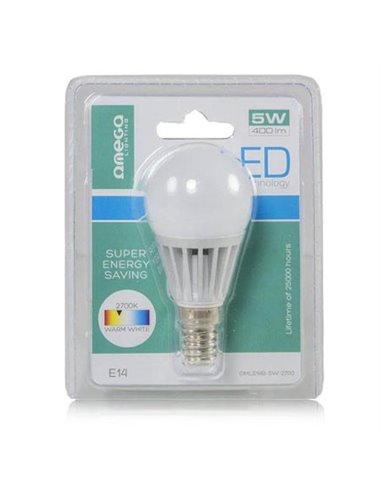 LAMPADINA A LED IN ALLUMINIO ATTACCO PICCOLO E14 POTENZA 5W, 2700Â° K, DURATA 25.000 ORE, 400lm OMLE214B-5W OMEGA BLISTER