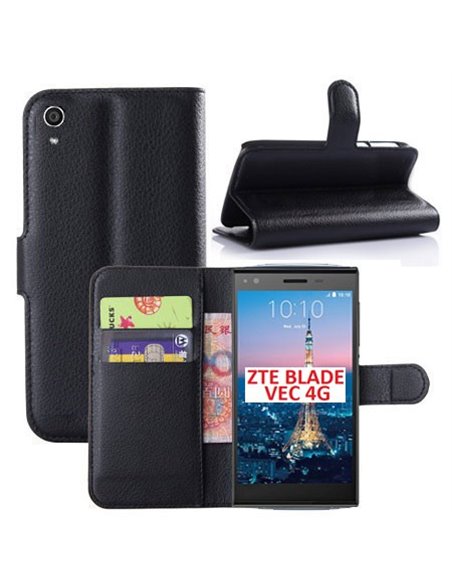 CUSTODIA FLIP ORIZZONTALE PELLE per ZTE BLADE VEC 4G CON STAND, TASCHE PORTA CARTE E CHIUSURA MAGNETICA COLORE NERO