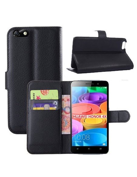 CUSTODIA FLIP ORIZZONTALE SIMILPELLE per HUAWEI HONOR 4X CON STAND, PORTA CARTE E CHIUSURA MAGNETICA COLORE NERO