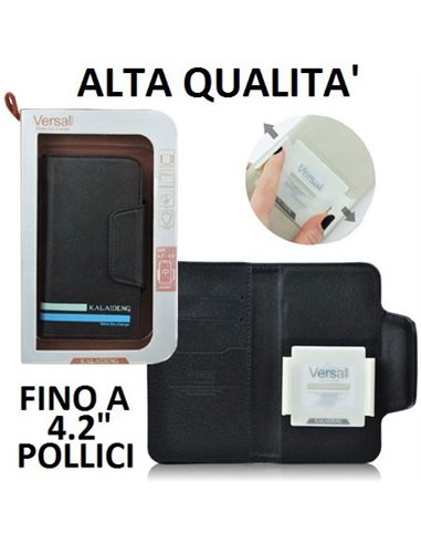 CUSTODIA FLIP ORIZZONTALE PELLE UNIVERSALE CON PORTA CARTE PER DISPOSITIVI FINO A 4,2' POLLICI COLORE NERO ALTA QUALITA' VERSAL