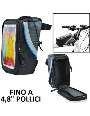 SUPPORTO BICI UNIVERSALE PER DISPOSITIVI FINO A 4,8' CON FORO PER AURICOLARI, TASCA PORTA OGGETTI E FISSAGGIO A STRAP COLORE NER