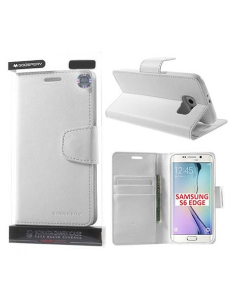 CUSTODIA FLIP ORIZZONTALE PELLE per SAMSUNG SM-G925 GALAXY S6 EDGE CON INTERNO IN TPU E STAND BIANCO SONATA MERCURY BLISTER