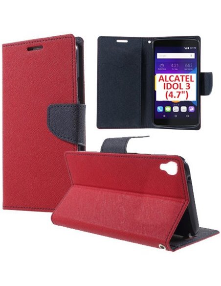 CUSTODIA FLIP ORIZZONTALE per ALCATEL ONE TOUCH IDOL 3 - 4.7' POLLICI, OT-6039X CON INTERNO IN TPU, STAND E PORTA CARTE ROSSO