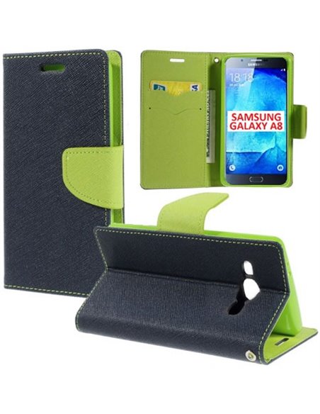 CUSTODIA FLIP ORIZZONTALE per SAMSUNG SM-A800F GALAXY A8 CON STAND, INTERNO IN TPU SILICONE E TASCHE PORTA CARTE COLORE BLU