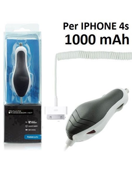 CARICATORE AUTO 1000mAh CON CONNETTORE 30 PIN PER DISPOSITIVI APPLE - CAVO A SPIRALE COLORE BIANCO (CA27.IPHONE.BI)