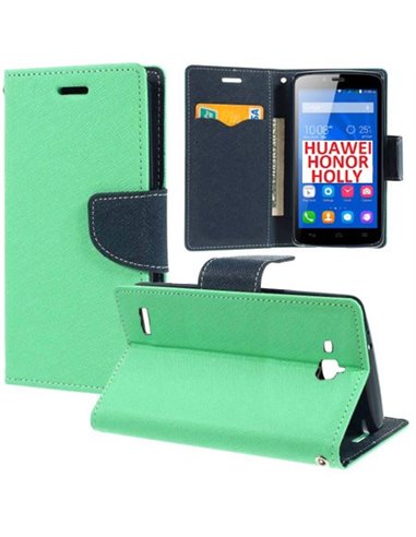 CUSTODIA FLIP ORIZZONTALE per HUAWEI HONOR HOLLY CON INTERNO IN TPU SILICONE, STAND E TASCHE PORTA CARTE COLORE VERDE ACQUA