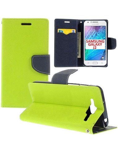 CUSTODIA FLIP ORIZZONTALE per SAMSUNG SM-J200F GALAXY J2 CON STAND, INTERNO IN TPU SILICONE E TASCHE PORTA CARTE COLORE VERDE