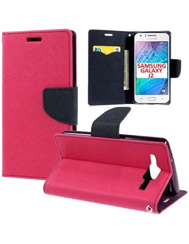 CUSTODIA FLIP ORIZZONTALE per SAMSUNG SM-J200F GALAXY J2 CON STAND, INTERNO IN TPU E TASCHE PORTA CARTE COLORE FUCSIA