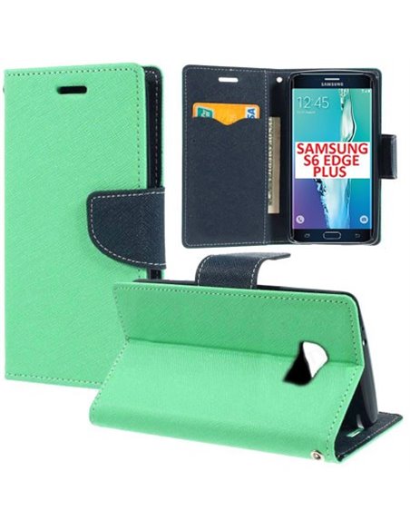 CUSTODIA FLIP ORIZZONTALE per SAMSUNG SM-G928 GALAXY S6 EDGE PLUS CON INTERNO IN TPU, STAND E PORTA CARTE VERDE ACQUA