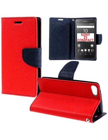 CUSTODIA FLIP ORIZZONTALE per SONY XPERIA Z5 COMPACT E5803, E5823 CON STAND, INTERNO IN TPU SILICONE E PORTA CARTE COLORE ROSSO