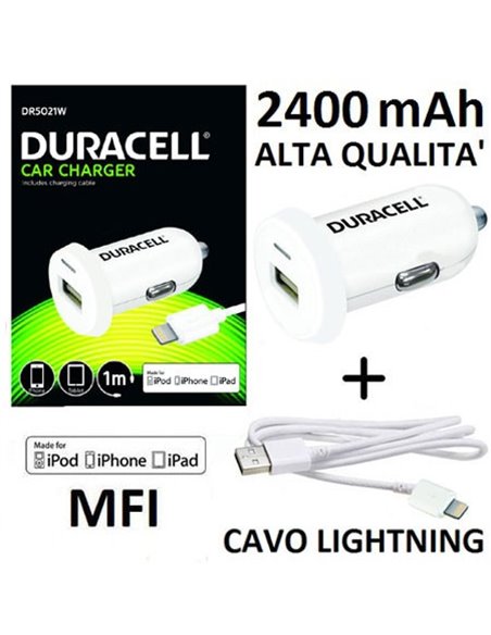 CARICATORE AUTO 2400 mAh CON 1 PORTA USB + CAVO LIGHTNING (CERTIFICATO MFI) COLORE BIANCO DURACELL DR5021W BLISTER