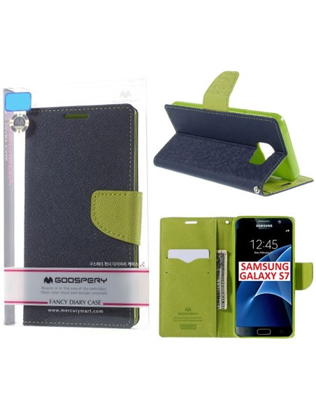 CUSTODIA FLIP ORIZZONTALE per SAMSUNG SM-G930 GALAXY S7 CON STAND E INTERNO IN TPU SILICONE COLORE BLU FANCY MERCURY