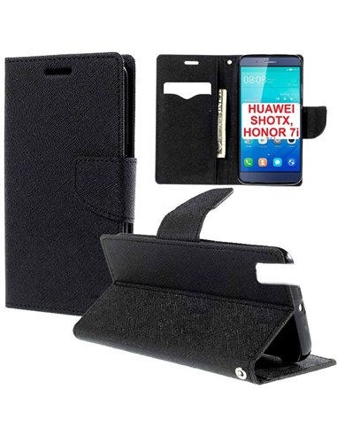 CUSTODIA FLIP ORIZZONTALE per HUAWEI SHOT X, HONOR 7i CON INTERNO IN TPU, STAND, PORTA CARTE E CHIUSURA MAGNETICA COLORE NERO