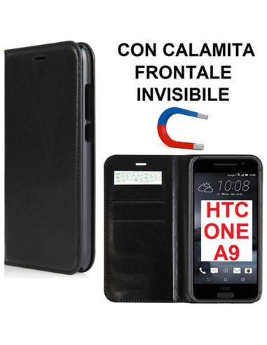 CUSTODIA FLIP ORIZZONTALE SIMILPELLE per HTC ONE A9 CON CHIUSURA MAGNETICA INVISIBILE E PORTA CARTE COLORE NERO