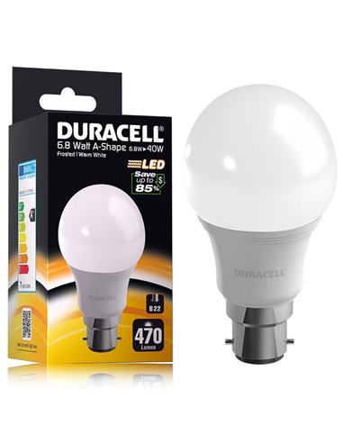 LAMPADINA A LED A77LEDDU ATTACCO B22, POTENZA 6.8W, 2700Â° K, DURATA 15.000 ORE, 470LM, CLASSE ENERGETICA A+ DURACELL BLISTER