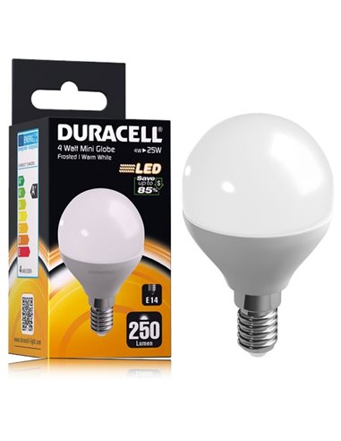 LAMPADINA A LED M4LEDDU ATTACCO E14, POTENZA 3.8W, 2700Â° K, DURATA 15.000 ORE, 250LM, CLASSE ENERGETICA A+ DURACELL BLISTER