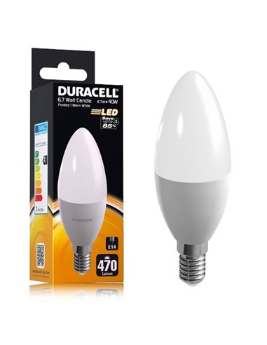 LAMPADINA A LED C14LEDDU ATTACCO E14, POTENZA 6.7W, 2700Â° K, DURATA 25.000 ORE, 470LM, CLASSE ENERGETICA A+ DURACELL BLISTER