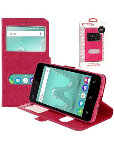 CUSTODIA FLIP ORIZZONTALE PELLE per WIKO SUNNY CON INTERNO IN TPU E DOPPIA FINESTRA ID COLORE ROSA ALTA QUALITA' MOCCA