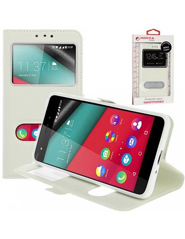 CUSTODIA FLIP ORIZZONTALE PELLE per WIKO TOMMY CON INTERNO IN TPU SILICONE E DOPPIA FINESTRA ID COLORE BIANCO ALTA QUALITA'