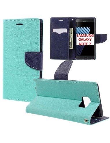 CUSTODIA FLIP ORIZZONTALE per SAMSUNG SM-N930 GALAXY NOTE 7 CON STAND, INTERNO IN TPU E PORTA CARTE COLORE VERDE ACQUA