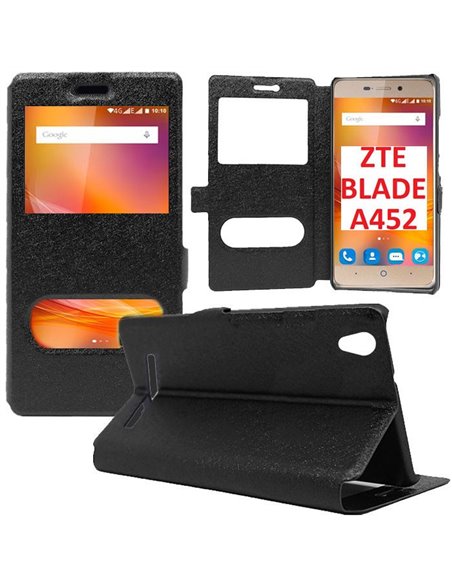 CUSTODIA FLIP ORIZZONTALE SLIM per ZTE BLADE A452 CON STAND, INTERNO IN TPU SILICONE E DOPPIA FINESTRA ID COLORE NERO