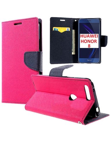 CUSTODIA FLIP ORIZZONTALE per HUAWEI HONOR 8 CON INTERNO IN TPU SILICONE, STAND, PORTA CARTE E CHIUSURA MAGNETICA COLORE FUCSIA