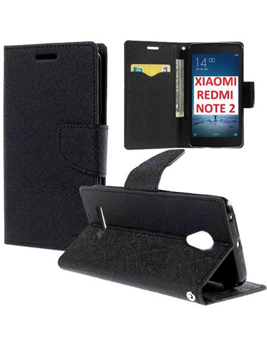 CUSTODIA FLIP ORIZZONTALE per XIAOMI REDMI NOTE 2 CON INTERNO IN TPU, PORTA CARTE, STAND E CHIUSURA MAGNETICA COLORE NERO