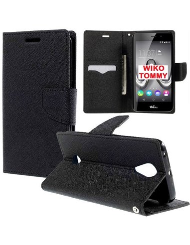 CUSTODIA FLIP ORIZZONTALE per WIKO TOMMY CON INTERNO IN TPU, STAND, TASCHE PORTA CARTE E CHIUSURA MAGNETICA COLORE NERO