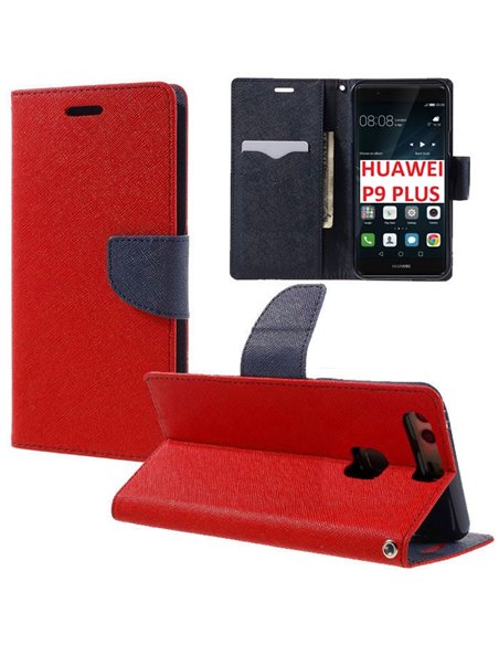 CUSTODIA per HUAWEI P9 PLUS - FLIP ORIZZONTALE CON INTERNO IN TPU SILICONE, STAND E PORTA CARTE COLORE ROSSO