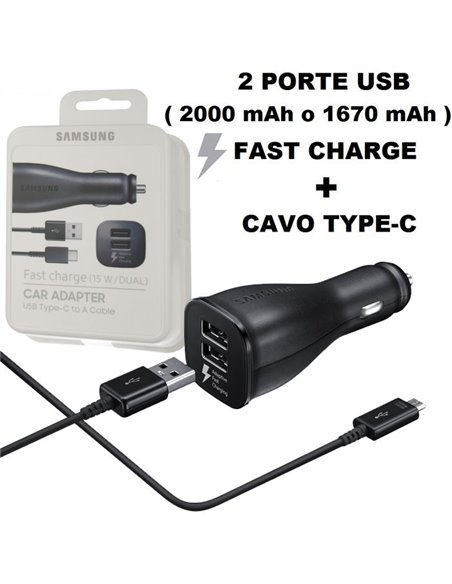 CARICATORE AUTO ORIGINALE per SAMSUNG GALAXY S8 PLUS FAST CHARGE CON 2 PORTE USB (2000 mAh O 1670 mAh) + CAVO TYPE-C NERO