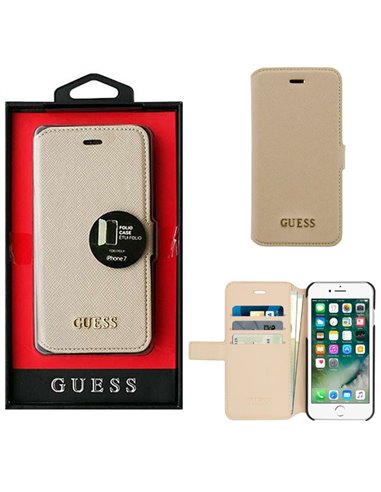 CUSTODIA per APPLE IPHONE SE (2020/2022), IPHONE (7/8) - FLIP ORIZZONTALE PELLE GUESS CON CHIUSURA MAGNETICA INVISIBILE BEIGE