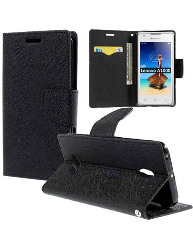 CUSTODIA per LENOVO A1000, VIBE A - FLIP ORIZZONTALE CON INTERNO IN TPU, STAND E TASCHE PORTA CARTE COLORE NERO