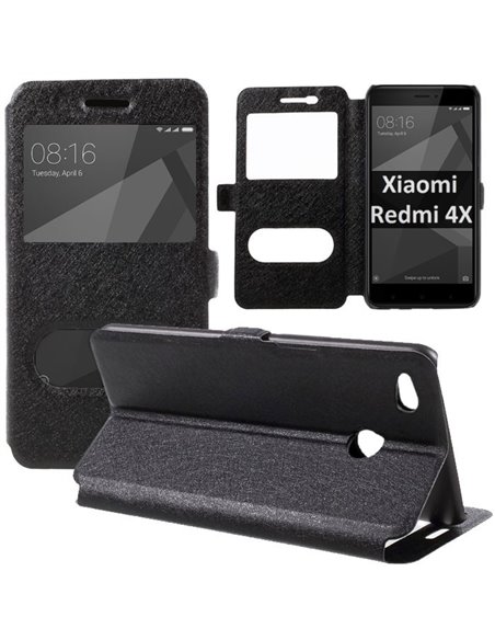 CUSTODIA per XIAOMI REDMI 4X - FLIP ORIZZONTALE SLIM CON STAND, INTERNO IN TPU SILICONE E DOPPIA FINESTRA ID COLORE NERO