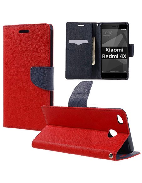 CUSTODIA per XIAOMI REDMI 4X - FLIP ORIZZONTALE CON INTERNO IN TPU, PORTA CARTE, STAND E CHIUSURA MAGNETICA COLORE ROSSO