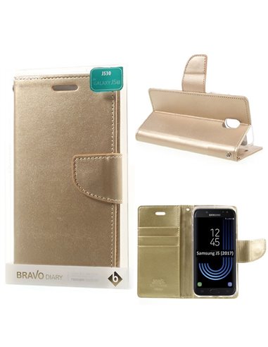 CUSTODIA per SAMSUNG SM-J530 GALAXY J5 (2017) - FLIP ORIZZONTALE SIMILPELLE CON INTERNO IN TPU E STAND COLORE ORO BRAVO MERCURY