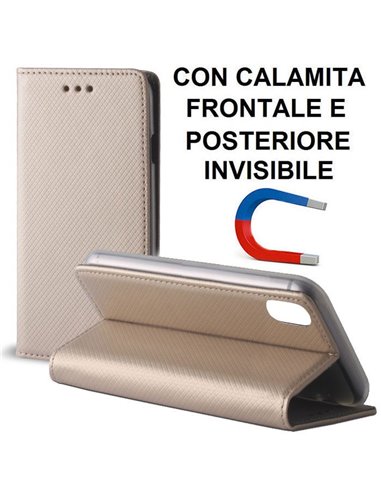 CUSTODIA per APPLE IPHONE X, IPHONE XS (5.8') - FLIP ORIZZONTALE con CHIUSURA MAGNETICA INVISIBILE, STAND ED INTERNO IN TPU ORO