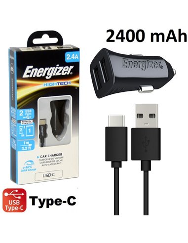 CARICATORE AUTO 2400mAh CON 2 PORTE USB + CAVO USB TYPE-C 2.0 LUNGHEZZA 1 MT COLORE NERO ENERGIZER DCA2BHC23 BLISTER