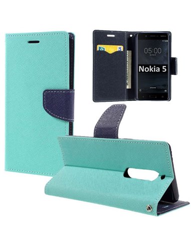 CUSTODIA per NOKIA 5, NOKIA 5 DUAL SIM - FLIP ORIZZONTALE CON INTERNO IN TPU, STAND, PORTA CARTE E CHIUSURA MAGNETICA VERDE ACQU