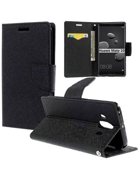 CUSTODIA per HUAWEI MATE 10 - FLIP ORIZZONTALE CON INTERNO IN TPU, STAND, PORTA CARTE E CHIUSURA MAGNETICA COLORE NERO