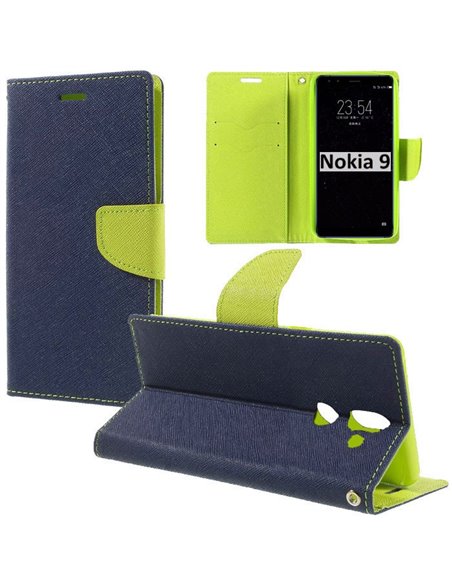 CUSTODIA per NOKIA 9 - FLIP ORIZZONTALE CON INTERNO IN TPU, STAND, PORTA CARTE E CHIUSURA MAGNETICA COLORE BLU