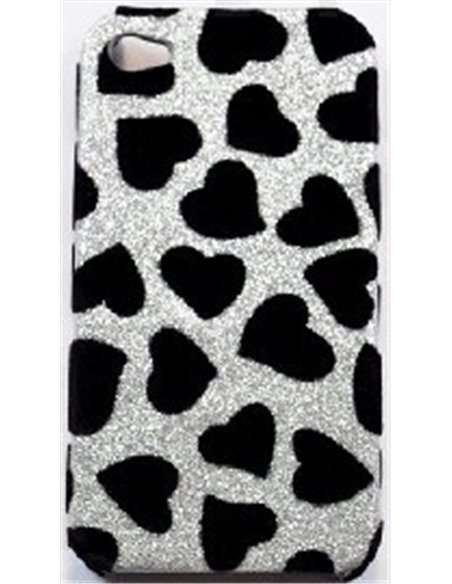 CUSTODIA per APPLE IPHONE 4, IPHONE 4S - BACK RIGIDA COLORE SILVER CON FANTASIA CUORI COLORE NERO