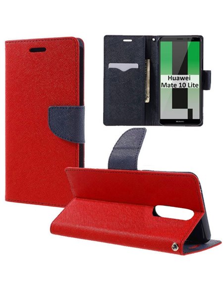 CUSTODIA per HUAWEI MATE 10 LITE - FLIP ORIZZONTALE CON INTERNO IN TPU, STAND, PORTA CARTE E CHIUSURA MAGNETICA COLORE ROSSO