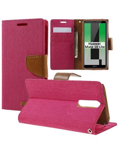 CUSTODIA per HUAWEI MATE 10 LITE - FLIP ORIZZONTALE CON INTERNO IN TPU, STAND E CHIUSURA MAGNETICA FUCSIA EFFETTO JEANS