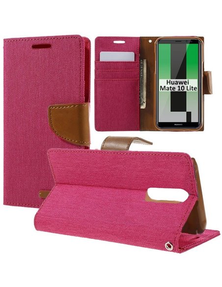 CUSTODIA per HUAWEI MATE 10 LITE - FLIP ORIZZONTALE CON INTERNO IN TPU, STAND E CHIUSURA MAGNETICA FUCSIA EFFETTO JEANS