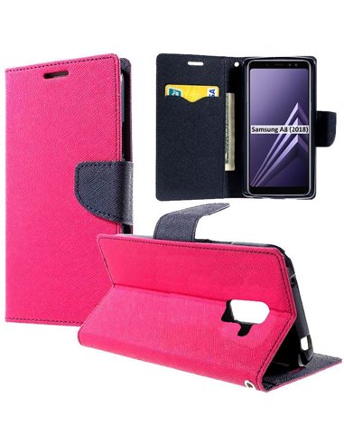 CUSTODIA per SAMSUNG GALAXY A8 (SM-A530), GALAXY A5 2018 - FLIP ORIZZONTALE CON STAND, INTERNO IN TPU E PORTA CARTE COLORE FUCSI