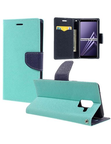 CUSTODIA per SAMSUNG GALAXY A8 (SM-A530), GALAXY A5 2018 - FLIP ORIZZONTALE CON STAND, INTERNO IN TPU E PORTA CARTE VERDE ACQUA