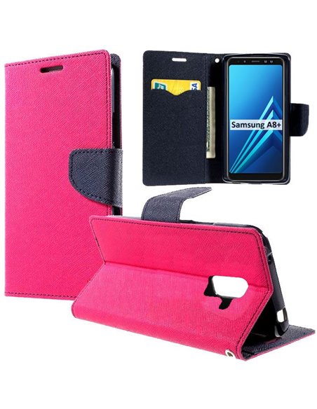 CUSTODIA per SAMSUNG GALAXY A8 PLUS (SM-A730) - FLIP ORIZZONTALE CON STAND, INTERNO IN TPU SILICONE E PORTA CARTE COLORE FUCSIA