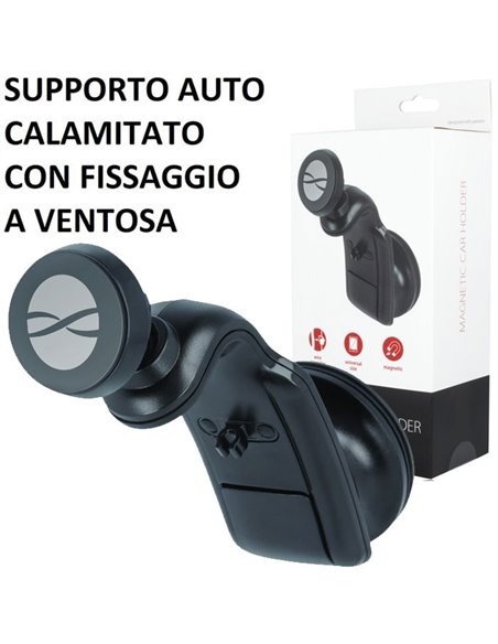 SUPPORTO AUTO UNIVERSALE MAGNETICO CON FISSAGGIO A VENTOSA E ROTAZIONE 360Â° COLORE NERO